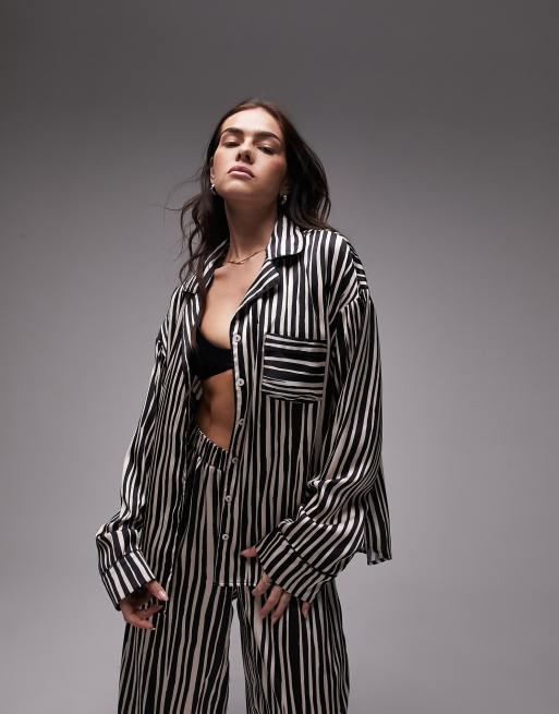 Topshop satin stripe print piped shirt and pants pajama set in monochrome , 3 of 4