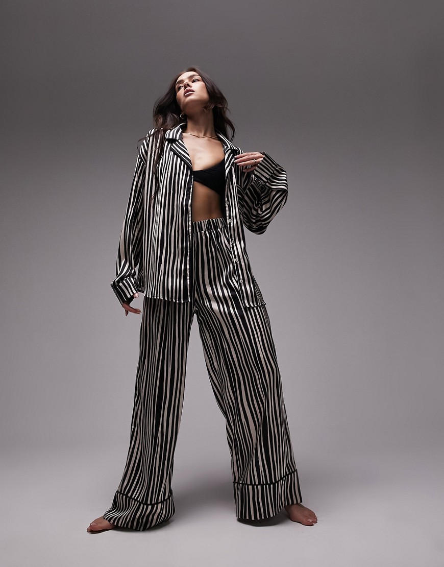 Topshop satin stripe print piped shirt and trouser pyjama set in monochrome-Black