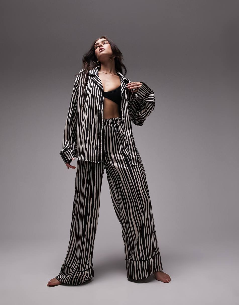 Topshop satin stripe print piped shirt and trouser pyjama set in