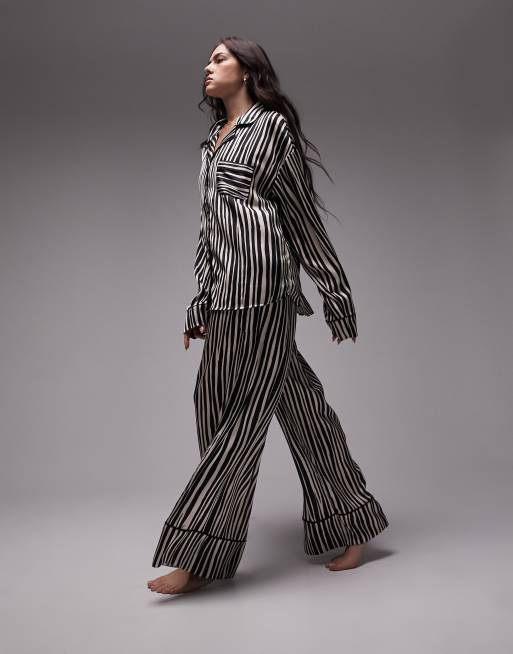 Topshop satin stripe print piped shirt and trouser pyjama set in monochrome , 2 of 4