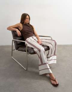 Satin stripe tie waist wide leg trouser co-ord in ivory and chocolate