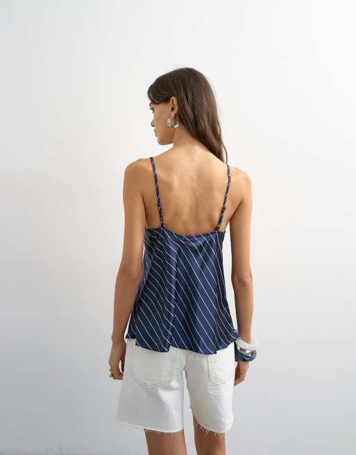 Topshop satin striped cami top in navy, 2 of 4