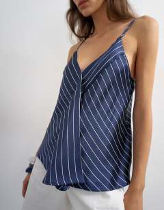 Model wearing Satin striped cami top in navy