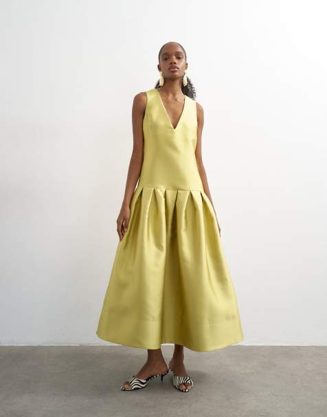 Topshop satin structured dropped waist maxi dress in washed lime - view 1