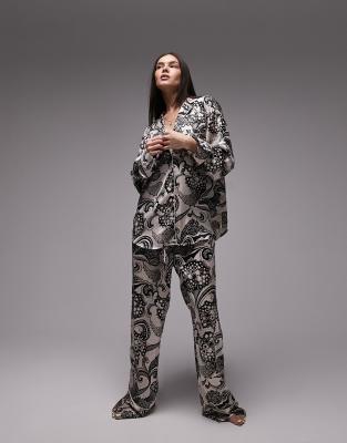 Topshop satin swirl print piped shirt and pants pajama set in