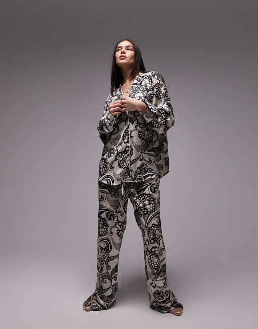 Topshop satin swirl print piped shirt and pants pyjama set in monochrome 