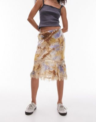Topshop Satin Tie Dye 90's Length Skirt With Lace Trim Detail In Multi