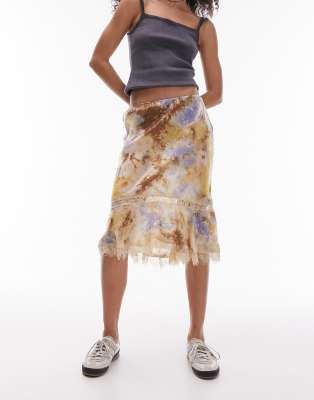 satin tie dye 90's length skirt with lace trim detail in multi