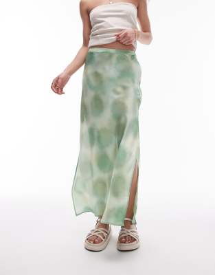 Topshop Satin Tie Dye Bias Cut Skirt In Green