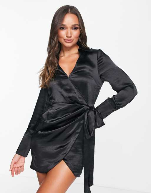 Black satin tie store dress