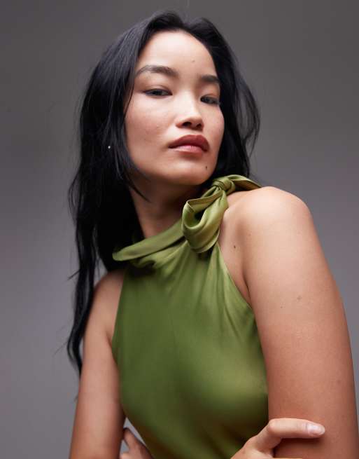Topshop satin tie neck bias cut sleeveless dress in green