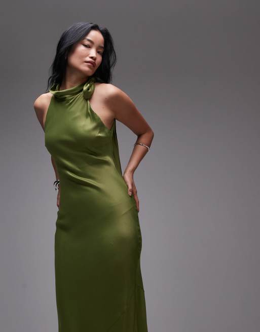Topshop satin tie neck bias cut sleeveless dress in green