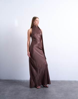 Topshop Satin Tie Neck Bias Sleeveless Dress In Brown