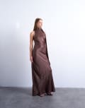 [Topshop] Topshop satin tie neck bias sleeveless dress in brown 8 BROWN