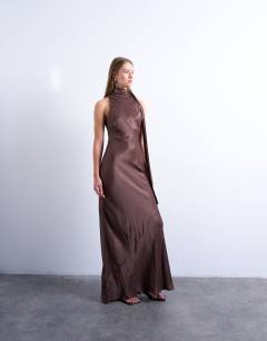 Satin tie neck bias sleeveless dress in brown