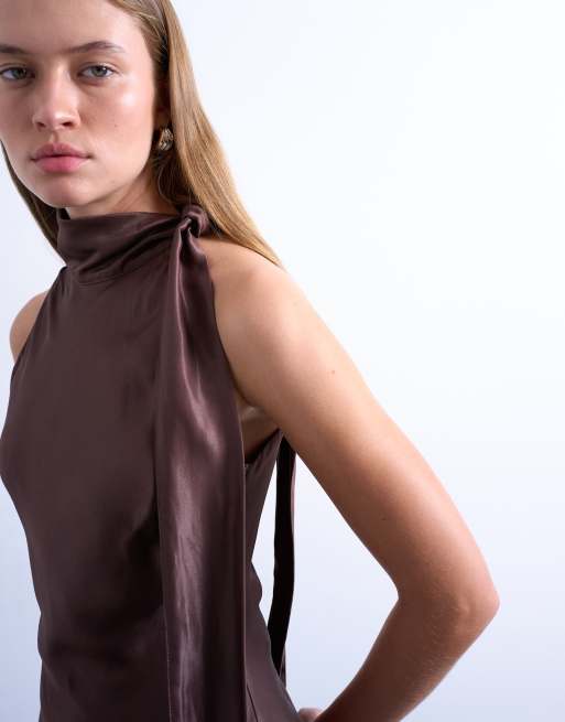 Topshop satin tie neck bias sleeveless dress in brown