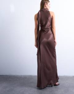 Model wearing Satin tie neck bias sleeveless dress in brown