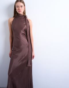 Model wearing Satin tie neck bias sleeveless dress in brown