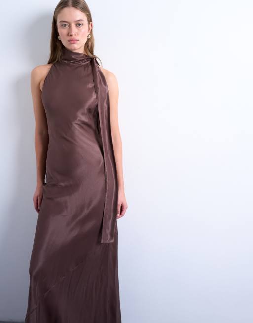 Topshop satin tie neck bias sleeveless dress in brown
