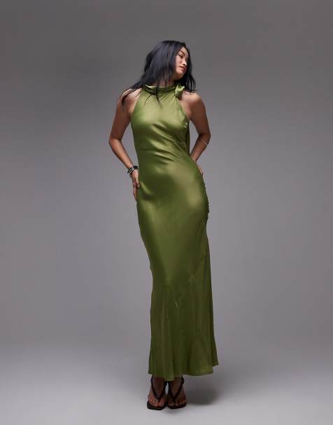 Topshop satin tie neck bias sleeveless dress in green - view 1