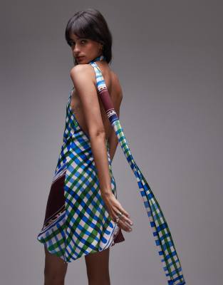 satin tie neck mini dress in scarf print-Multi
