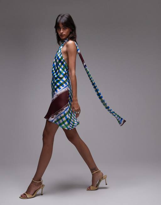 Topshop satin tie neck mini dress in scarf print, 3 of 4