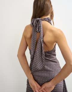 Satin tie print scarf detail asymmetric top co ord in plum
