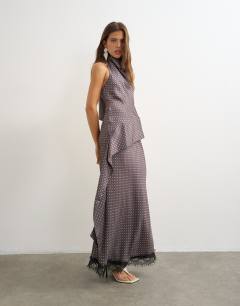 Model wearing Satin tie print scarf detail asymmetric top co ord in plum