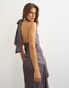 Model wearing Satin tie print scarf detail asymmetric top co ord in plum