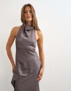 Model wearing Satin tie print scarf detail asymmetric top co ord in plum