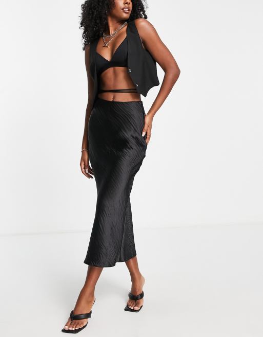 Black satin midi 2025 skirt with split