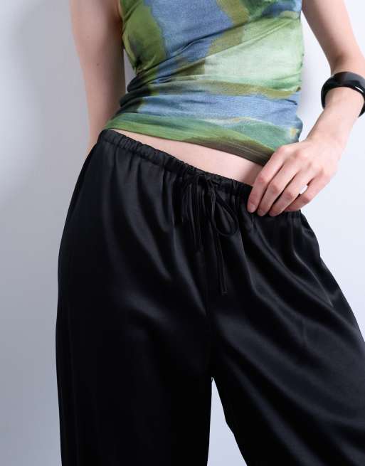 Topshop satin tie waist wide leg pant in black, 3 of 5