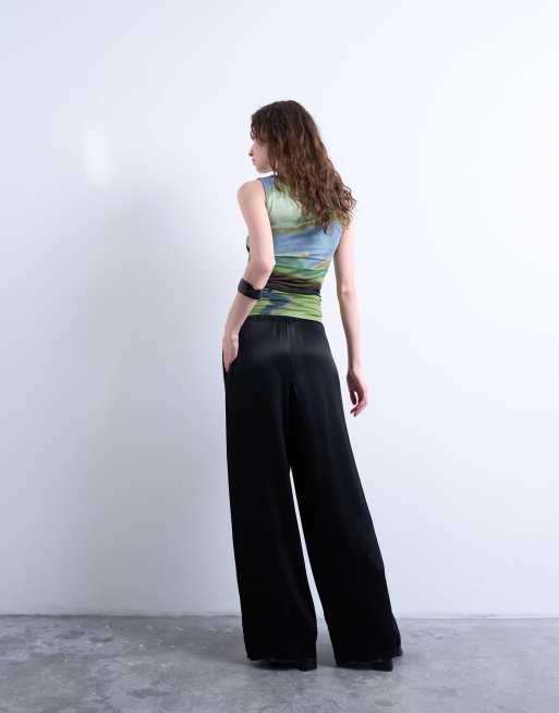 Topshop satin tie waist wide leg pant in black, 4 of 5