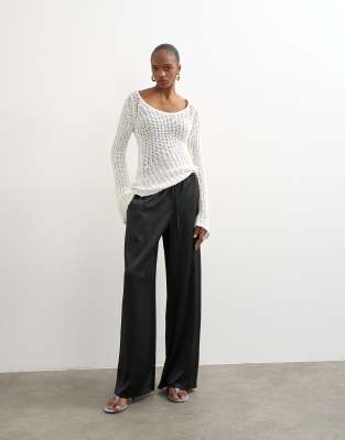Topshop Satin Tie Waist Wide Leg Pant In Black