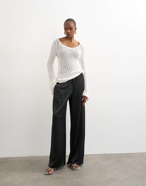 Topshop satin tie waist wide leg pant in black - view 1
