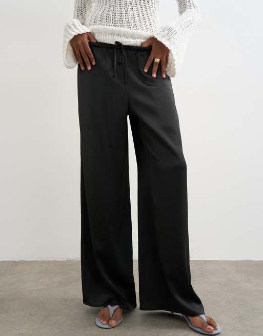 Topshop satin tie waist wide leg pant in black, 3 of 5