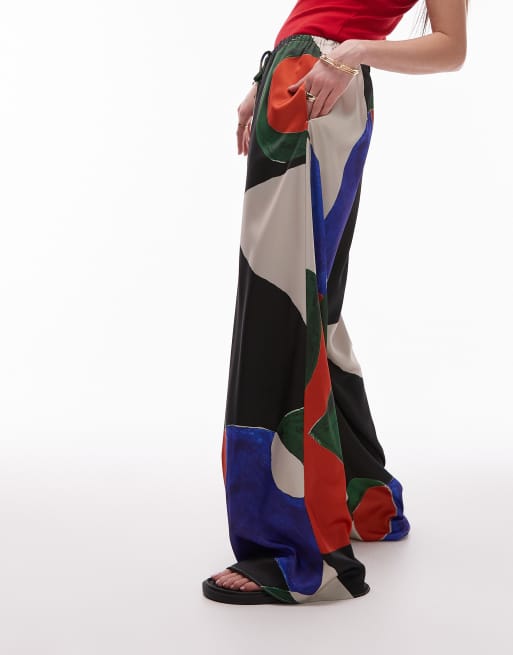 Topshop satin tie waist wide leg pants geo print in orange and blue