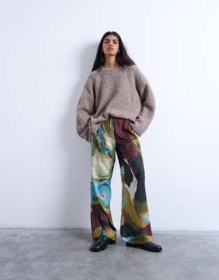 satin tie waist wide leg pants in abstract print-Multi