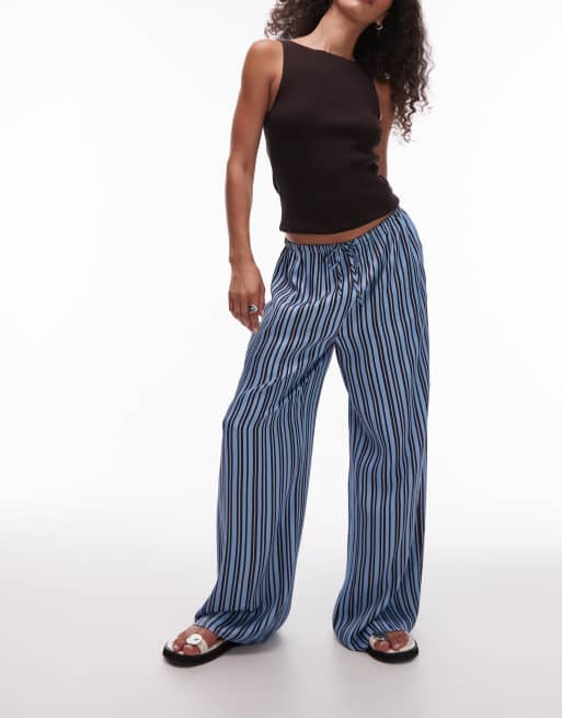 Topshop satin tie waist wide leg pants in brown and blue stripe - part of a set