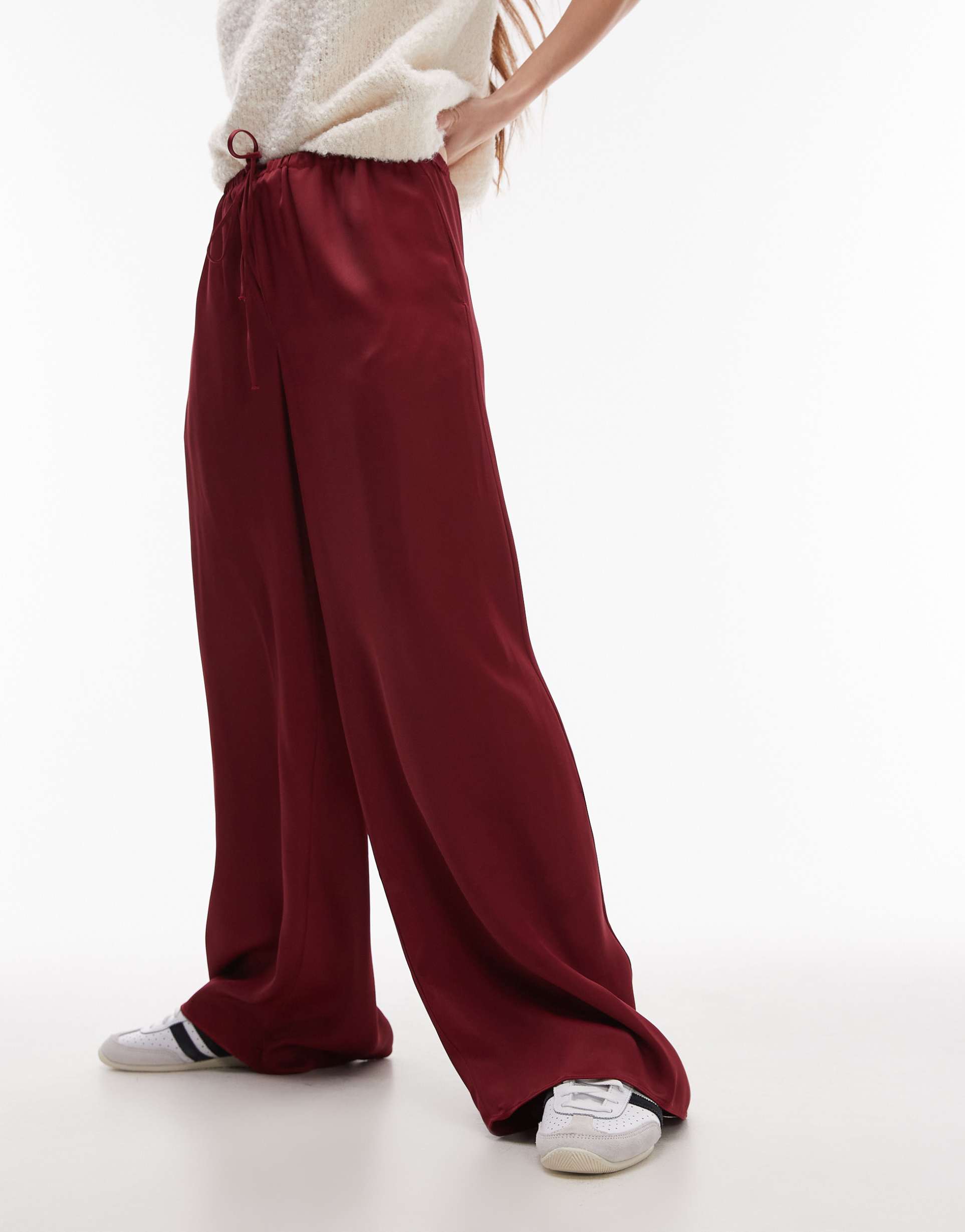 topshop satin tie waist wide leg pants in burgundy