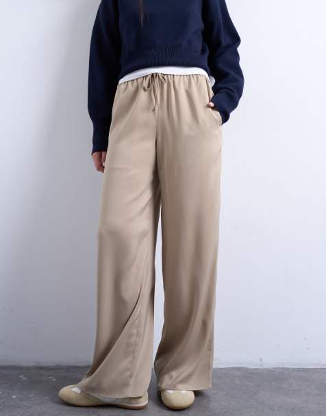 Topshop satin tie waist wide leg pants in champagne - view 1