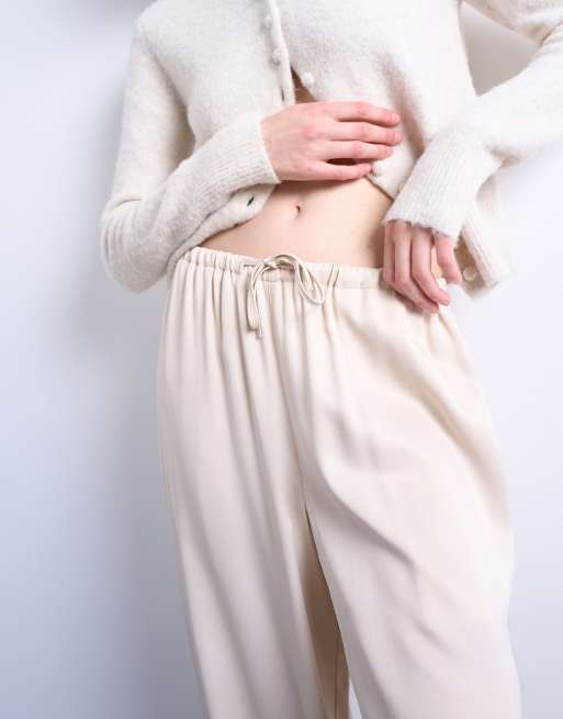 Topshop satin tie waist wide leg pants in ecru