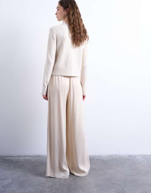 Topshop satin tie waist wide leg pants in ecru