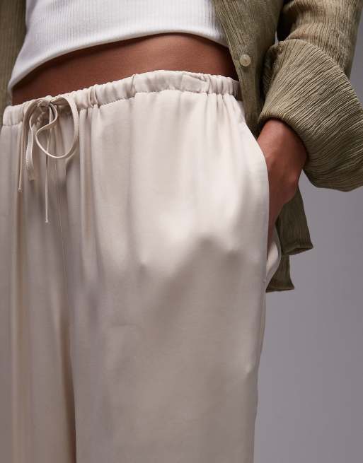 Topshop satin tie waist wide leg pants in ecru