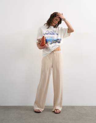 Topshop satin tie waist wide leg pants in ecru