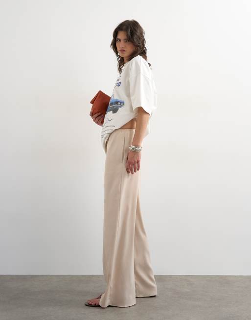 Topshop satin tie waist wide leg pants in ecru, 2 of 5