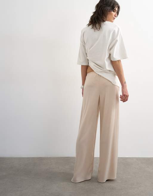 Topshop satin tie waist wide leg pants in ecru, 3 of 5
