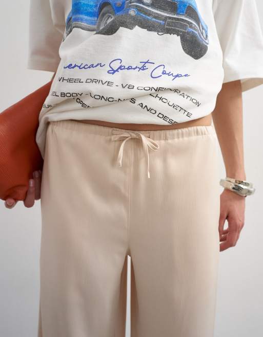 Topshop satin tie waist wide leg pants in ecru, 5 of 5
