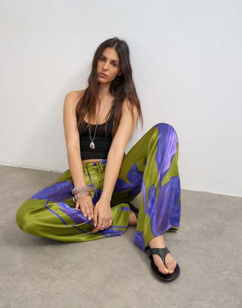 Topshop satin tie waist wide leg pants in green and purple floral - view 1