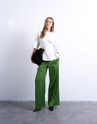Topshop Satin Tie Waist Wide Leg Pants In Green